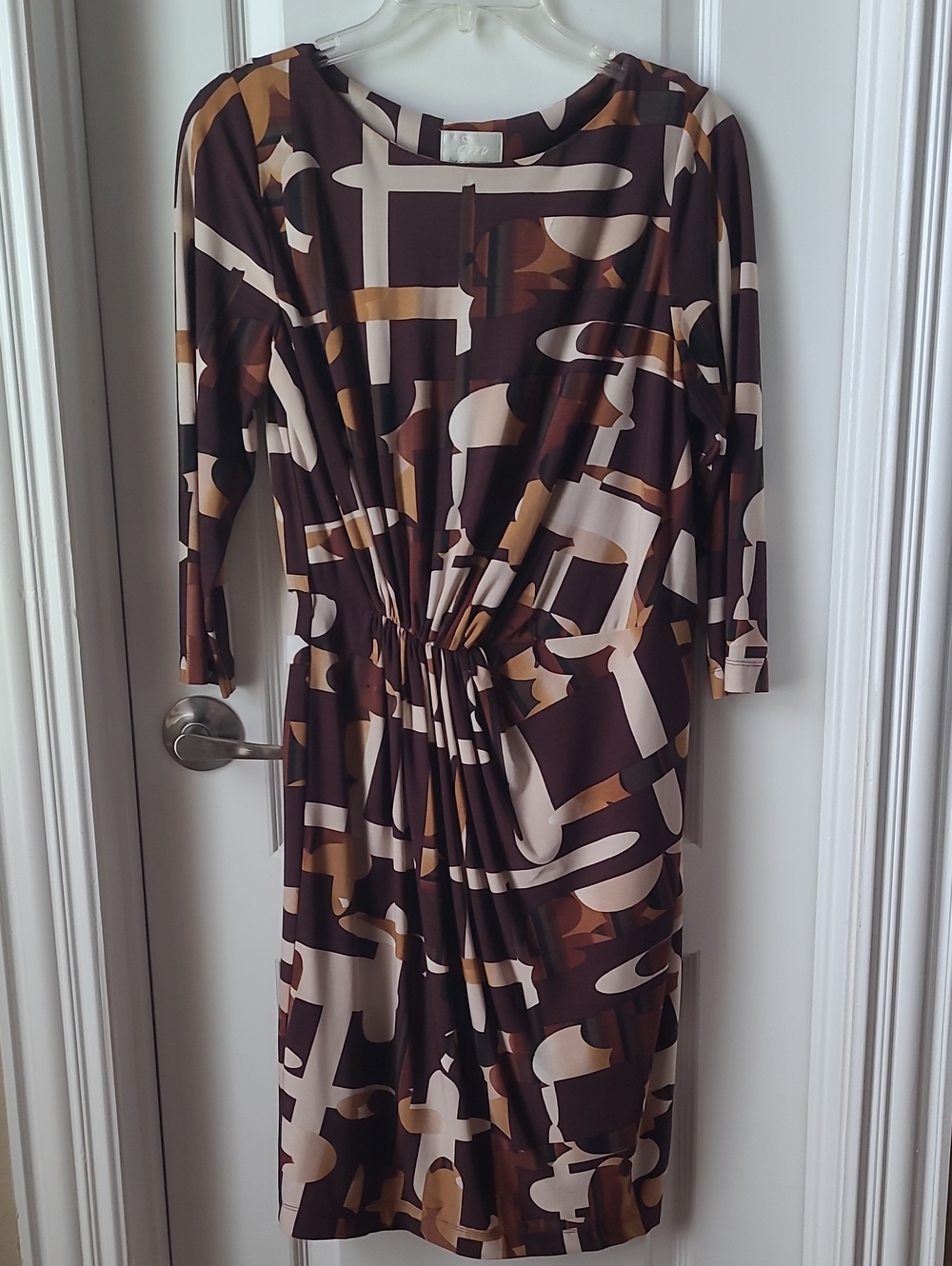 Donna Morgan Brown Abstract Midi Dress with Twist Waist